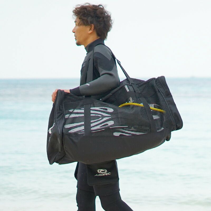 メッシュバッグトートバッグダッフルバッグ大容量70L以上ダイビングバッグギアバッグシュノーケリングマリンスポーツウェットスーツ重器材軽器材マスクフィンも収納できるサイドポケット付きAROPECアロペック